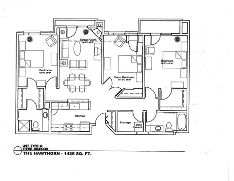 A floor plan of a home with a kitchen, two bedrooms, a den/bedroom, and a great room.